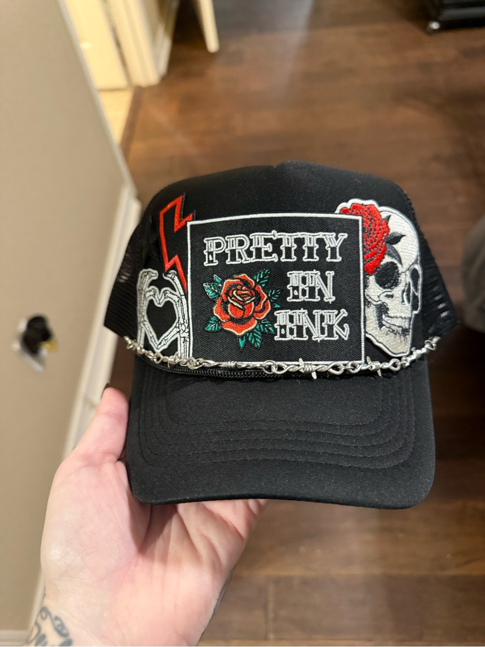 Pretty In Ink Black Trucker Hat with Rose & Skull Patch